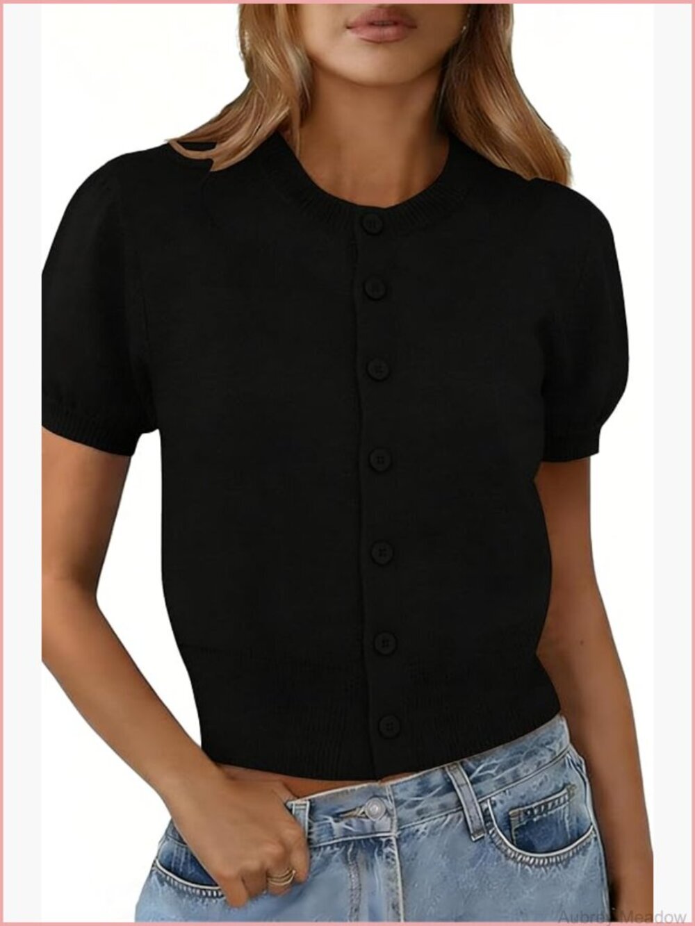 Puff Short Sleeve Cardigan Lightweight Summer Button Down Sweater Knit Crew
